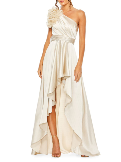 Shop Mac Duggal Women's Asymmetric Ruffled Satin High-low Gown In Oyster
