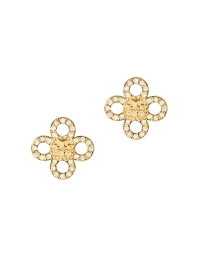 Shop Tory Burch Women's Kira 18k-gold-plated & Glass Crystal Clover Stud Earrings In Tory Gold