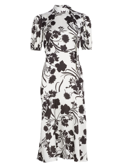 Shop ml Monique Lhuillier Women's Floral Short Puff-sleeve Midi Dress In Black And White Botanic