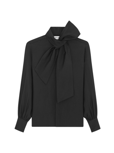 Shop Saint Laurent Men's Lavallière-neck Blouse In Satin In Black