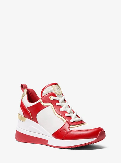 Shop Michael Kors Crista Mixed-media Trainer In Red