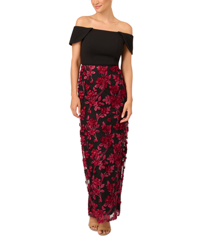 Shop Adrianna Papell Women's Crepe Floral Soutache Gown In Black Red