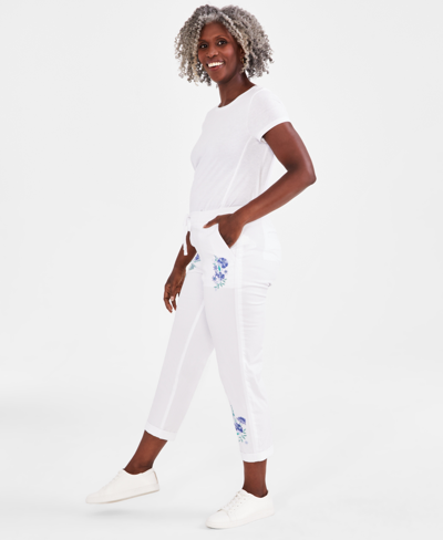 Shop Style & Co Women's Floral Embroidered Twill Pants, Created For Macy's In Bright White