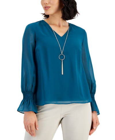 Shop Jm Collection Petite Smocked-sleeve Necklace Top, Created For Macy's In Teal Evergreen