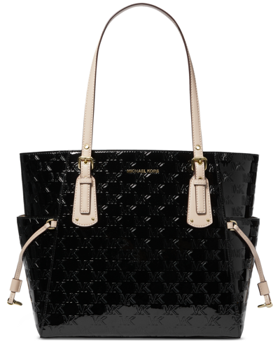 Shop Michael Kors Michael  Voyager Logo Embossed Patent Large East West Tote In Black