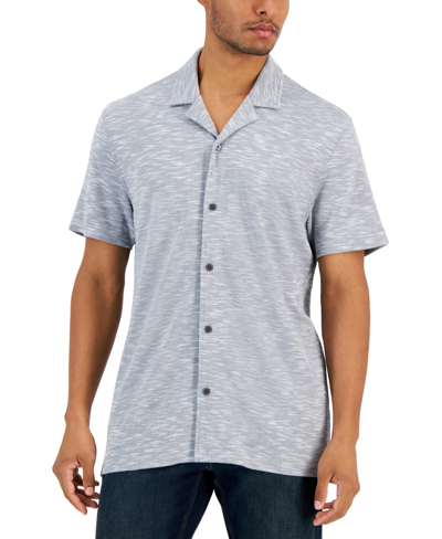 Shop Alfani Men's Slub Pique Textured Short-sleeve Camp Collar Shirt, Created For Macy's In Lead Statue