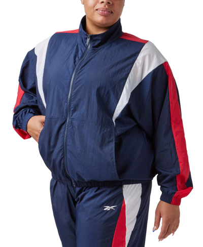 Shop Reebok Plus Size Zip-front Long-sleeve Colorblocked Jacket In Vector Navy
