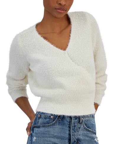 Shop Derek Heart Juniors' Surplice-neck Long-sleeve Sweater In Egret