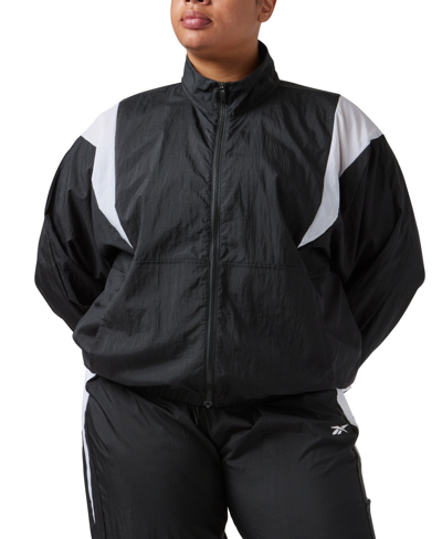 Shop Reebok Plus Size Zip-front Long-sleeve Colorblocked Jacket In Black