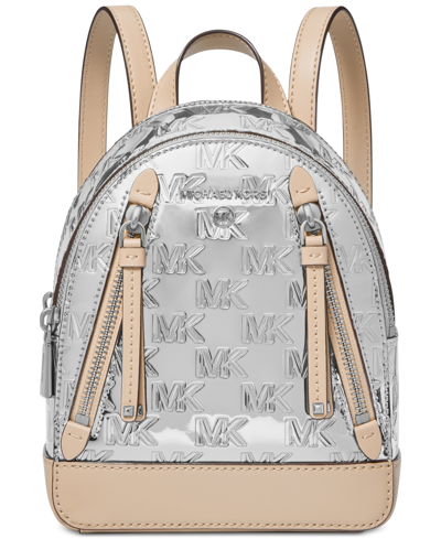 Shop Michael Kors Michael  Brooklyn Logo Embossed Patent Extra Small Convertible Crossbody Backpack In Silver