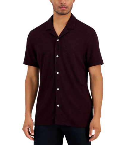 Shop Alfani Men's Slub Pique Textured Short-sleeve Camp Collar Shirt, Created For Macy's In Maroon Banner