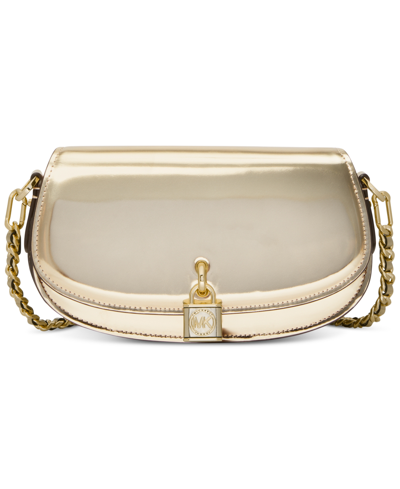 Shop Michael Kors Michael  Small East West Chain Sling Metallic Leather Crossbody In Pale Gold