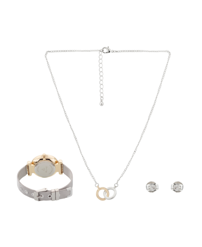 Jessica Carlyle Women's Analog Shiny Silver-tone Mesh Bracelet Watch 33mm With Necklace Earring Set In Silver Sunray,silver