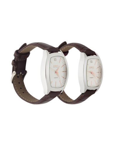 Jones New York Men And Women's Analog Brown Croc Polyurethane Leather Strap His Hers Watch 35mm, 27mm Gift Set In Silver,brown