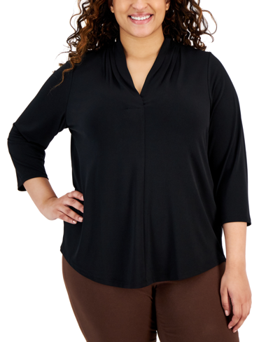 Jm Collection Plus Size Solid V-neck 3/4-sleeve Top, Exclusively At Macy's In Deep Black
