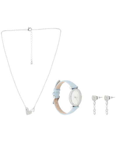 Shop Jessica Carlyle Women's Analog Light Blue Polyurethane Leather Strap Watch 33mm With Necklace Earring Set In Silver,light Blue