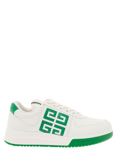 Shop Givenchy G4 White And Green Sneakers With Contrasting Heel Tab And 4g Logo In Leather Man