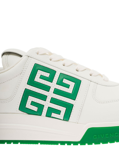 Shop Givenchy G4 White And Green Sneakers With Contrasting Heel Tab And 4g Logo In Leather Man