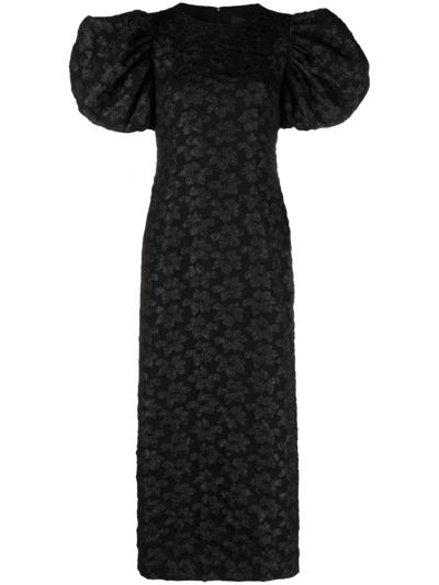 Shop Rotate Birger Christensen Black 3d Jacquard Puff-sleeve Midi Dress