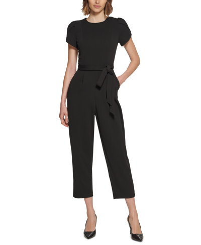 Shop Calvin Klein Petite Puff-sleeve Belted Jumpsuit In Black