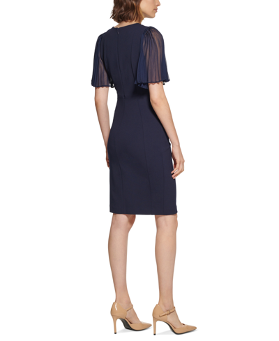 Shop Calvin Klein Petite Pleated Flutter-sleeve Sheath Dress In Indigo