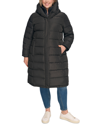 Shop Dkny Women's Plus Size Bibbed Hooded Puffer Coat In Black