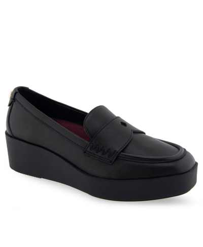 Shop Aerosoles Cetara Tailored-loafer-wedge In Black Leather