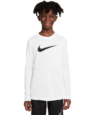 Shop Nike Big Kids Dri-fit Legend Logo-print Long-sleeve Training T-shirt In White,black