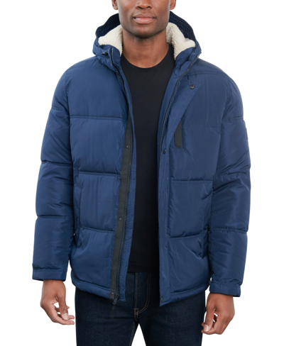 Lucky Brand Davis Water Resistant Faux Shearling Lined Hood Puffer Jacket In Midnight Navy