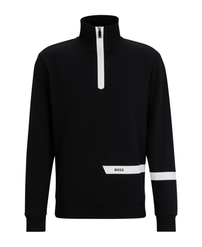 Shop Hugo Boss Boss By  Men's Logo Stripe Zip-neck Sweatshirt In Black
