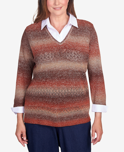 Shop Alfred Dunner Women's Classic Space Dye With Woven Trim Layered Sweater In Brown,rust