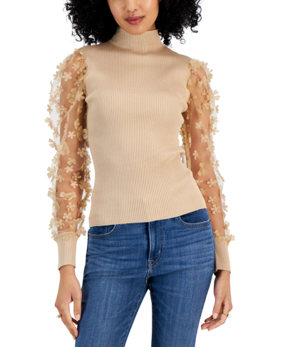 Shop Crave Fame Juniors' Sheer-sleeve 3d-flower Mock Neck Sweater In Sesame