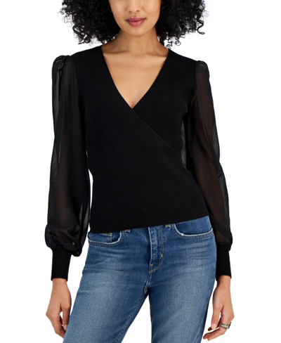 Shop Crave Fame Juniors' Sheer-sleeve Rib-knit Sweater In Black
