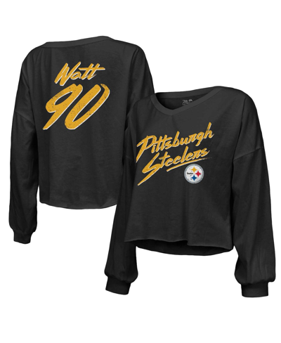 Majestic Threads T.j. Watt Black Pittsburgh Steelers Name & Number Off-shoulder Script Cropped Long In Black