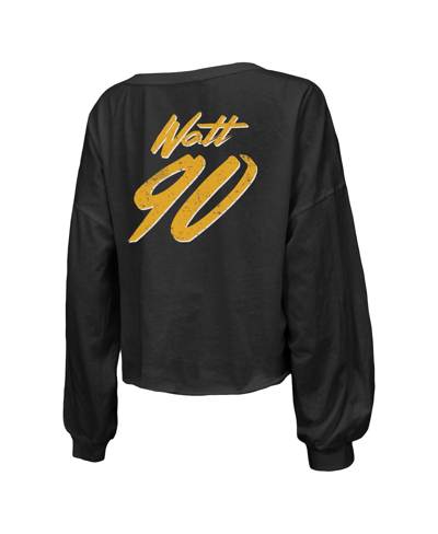 Majestic Threads T.j. Watt Black Pittsburgh Steelers Name & Number Off-shoulder Script Cropped Long In Black