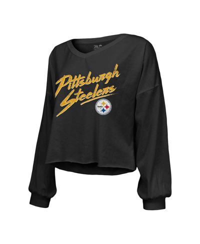 Majestic Threads T.j. Watt Black Pittsburgh Steelers Name & Number Off-shoulder Script Cropped Long In Black