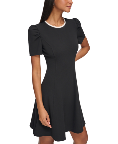 Karl Lagerfeld Short Puff Sleeve Scuba Crepe Dress In Black,soft White