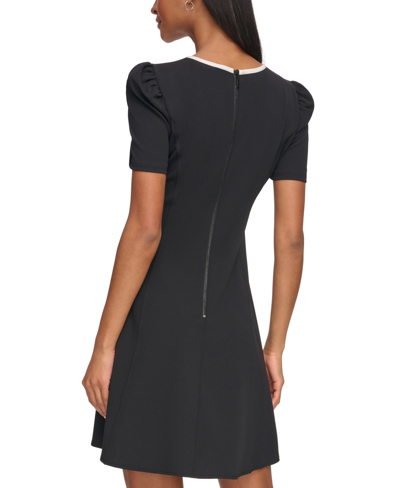 Karl Lagerfeld Short Puff Sleeve Scuba Crepe Dress In Black,soft White