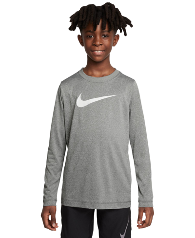 Shop Nike Big Kids Dri-fit Legend Logo-print Long-sleeve Training T-shirt In Tumbled Grey