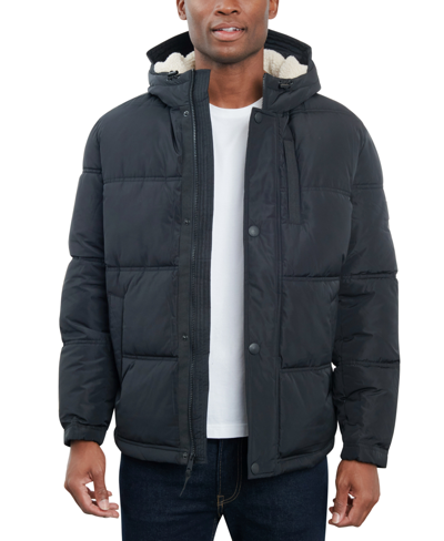 Lucky Brand Davis Water Resistant Faux Shearling Lined Hood Puffer Jacket In Black