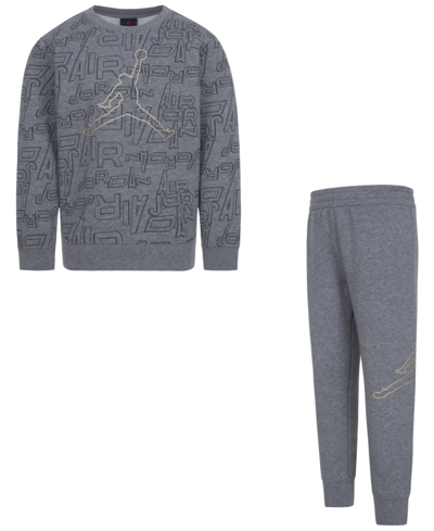 Shop Jordan Little Boys Take Flight Crewneck Sweatshirt And Pants, 2 Piece Set In Carbon Heather
