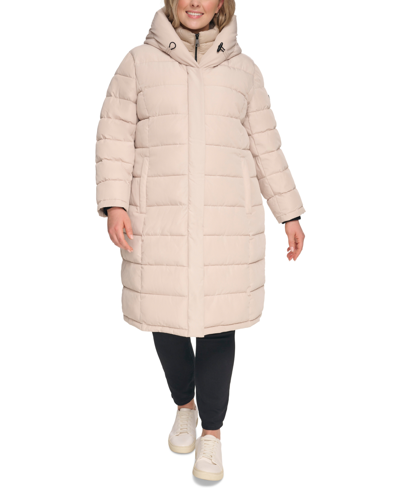 Shop Dkny Women's Plus Size Bibbed Hooded Puffer Coat In Pebble