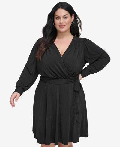 Shop Dkny Plus Size Embellished Faux-wrap Dress In Black