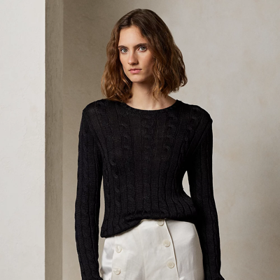 Shop Ralph Lauren Cable-knit Silk Crewneck Sweater In Black