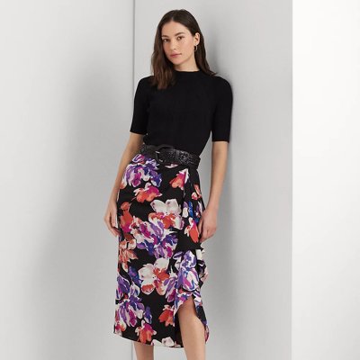 Shop Lauren Ralph Lauren Floral Georgette Midi Skirt In Black/purple/multi