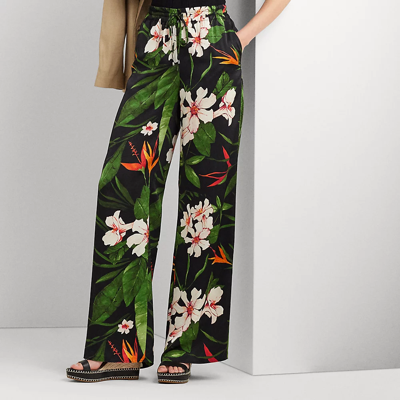 Shop Lauren Petite Floral Satin Charmeuse Wide-leg Pant In Black/green/multi