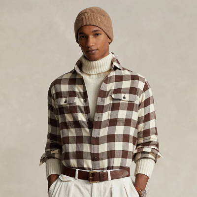 Shop Ralph Lauren Classic Fit Checked Twill Workshirt In Winter Cream/brown