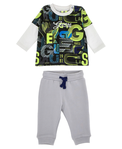 Shop Guess Baby Boys Cotton Jersey All Over Print Faux Twofer Top And French Terry Joggers, 2 Piece Set In Multi