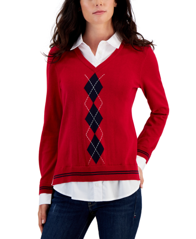 Shop Tommy Hilfiger Women's Cotton Argyle Layered-look Sweater In Lt Heather Fawn,sky Captain,chili Pepp