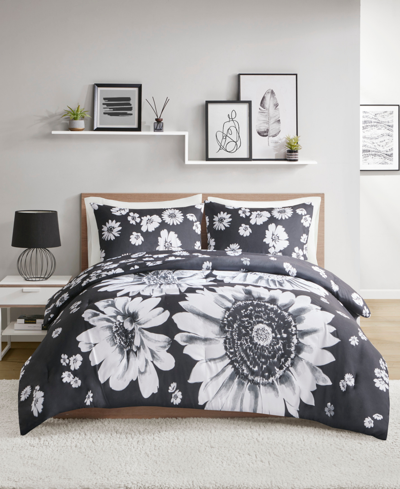 Shop Intelligent Design Closeout!  Maude Floral Reversible 3 Piece Comforter Set, Full/queen In Black,white